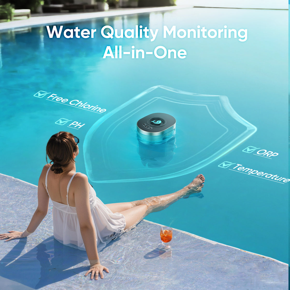 FinWhale pool chemistry monitor tracking free chlorine pH ORP and temperature