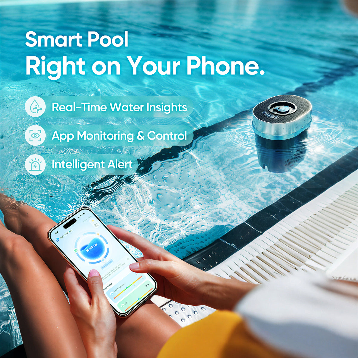 SunnyWhale pool maintenance app controlling FinWhale smart chlorine dispenser