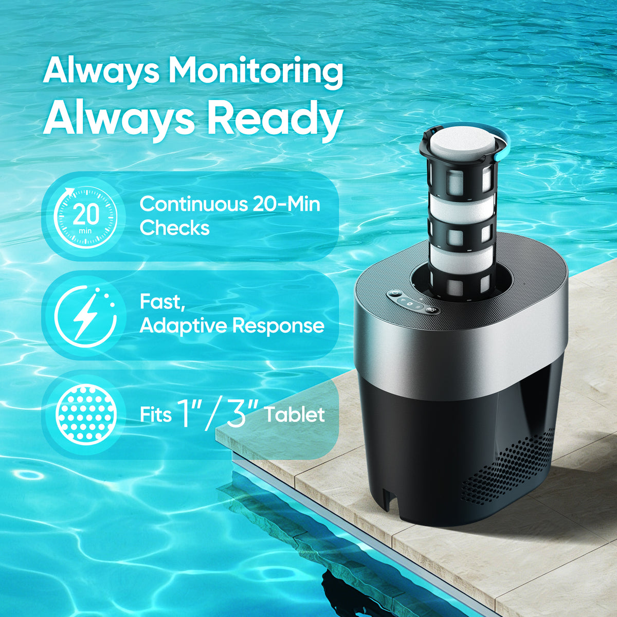 FinWhale automatic floating chlorine dispenser with tablet chamber for 1-inch or 3-inch tablets