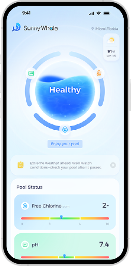 Smart pool app on a smartphone screen displaying pool status with a 'Healthy' indicator.